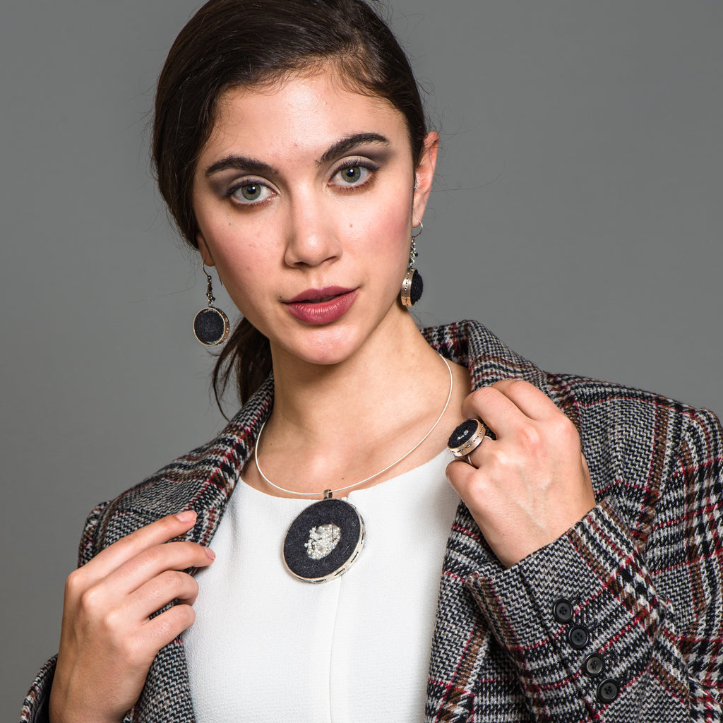 Model wearing Susan Drews Watkins - Wheel Designer Pendant Felt and Pearls on IndieFaves