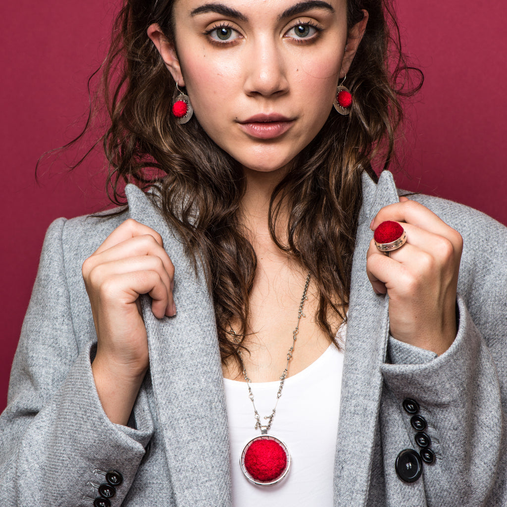 Model wearing Large Red Sterling Silver Designer Ring on IndieFaves
