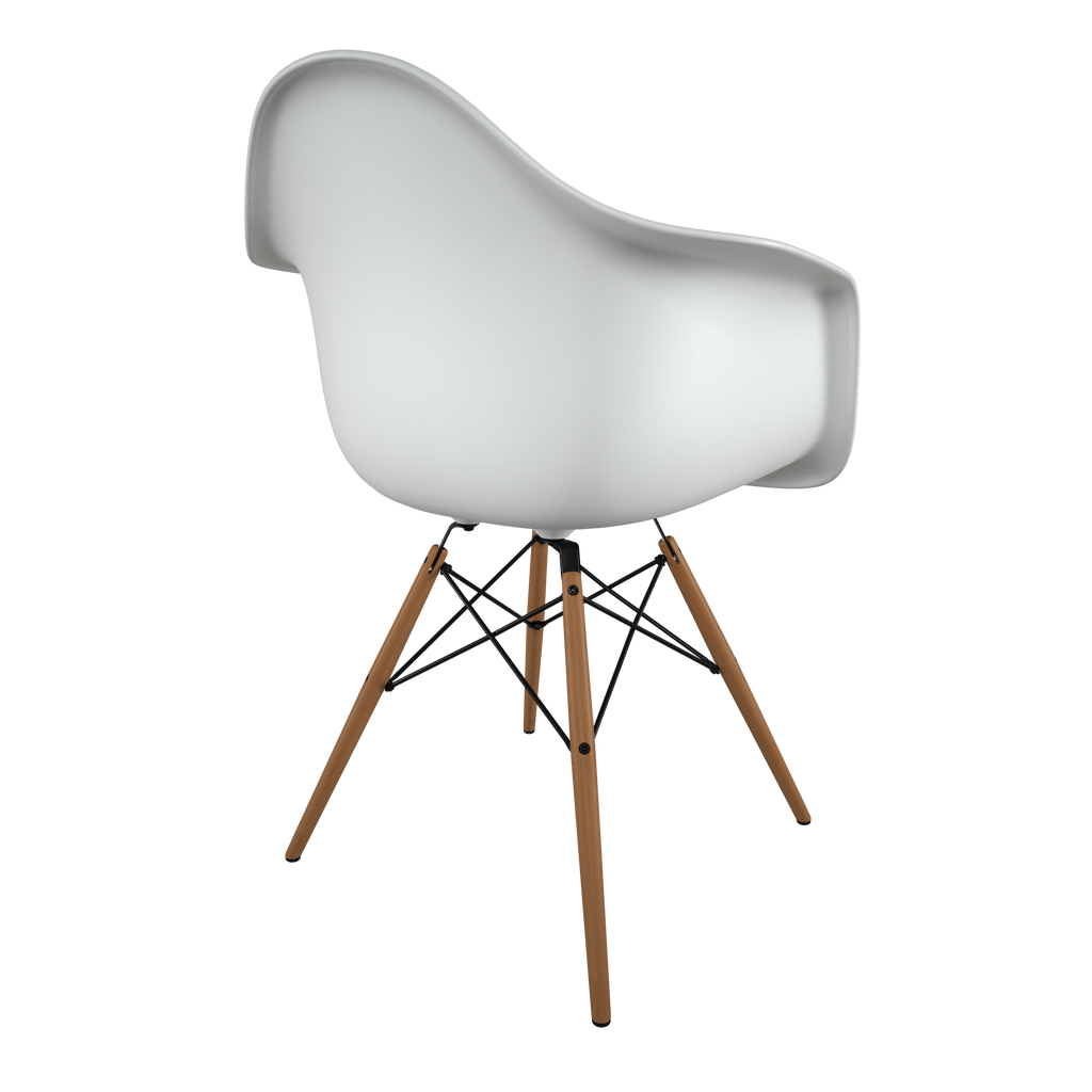 Dining chair with white seat and honey-tone wood base back view on IndieFaves
