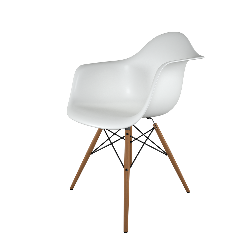 Dining chair with white seat and honey-tone wood base front view on IndieFaves