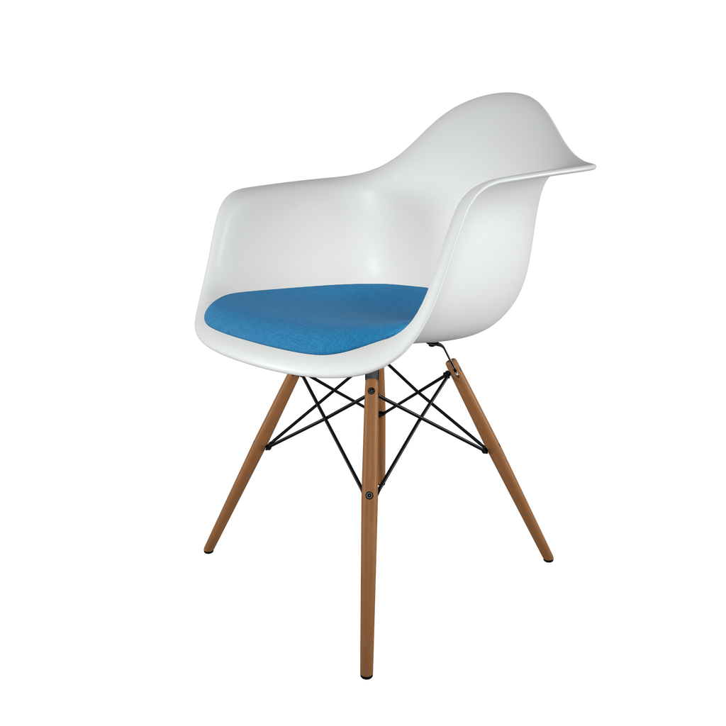 Dining chair with white seat, blue cushion, honey-tone wood base front view on IndieFaves
