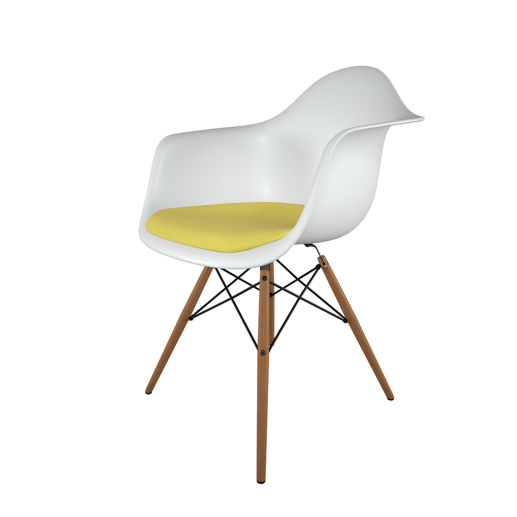 Dining chair with white seat, yellow cushion, honey-tone wood base front view on IndieFaves