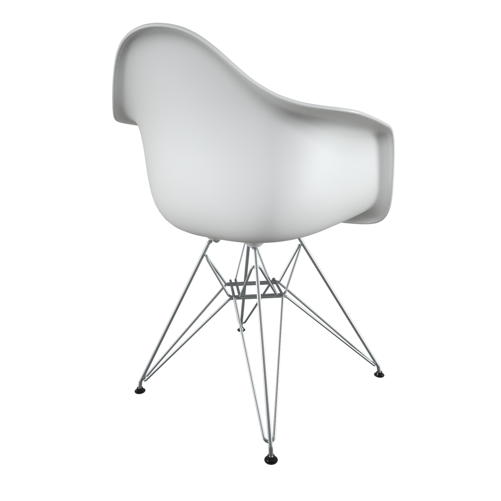 Dining chair with white seat and chromed steel wire base back view on IndieFaves