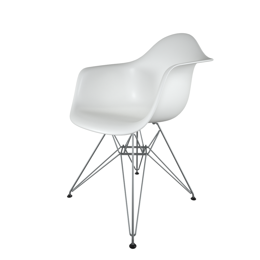 Dining chair with white seat and chromed steel wire base front view on IndieFaves