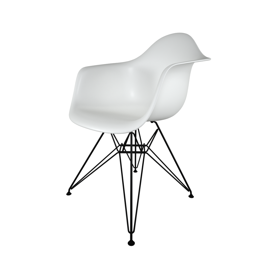 Dining chair with white seat and coated dark wire base front view on IndieFaves