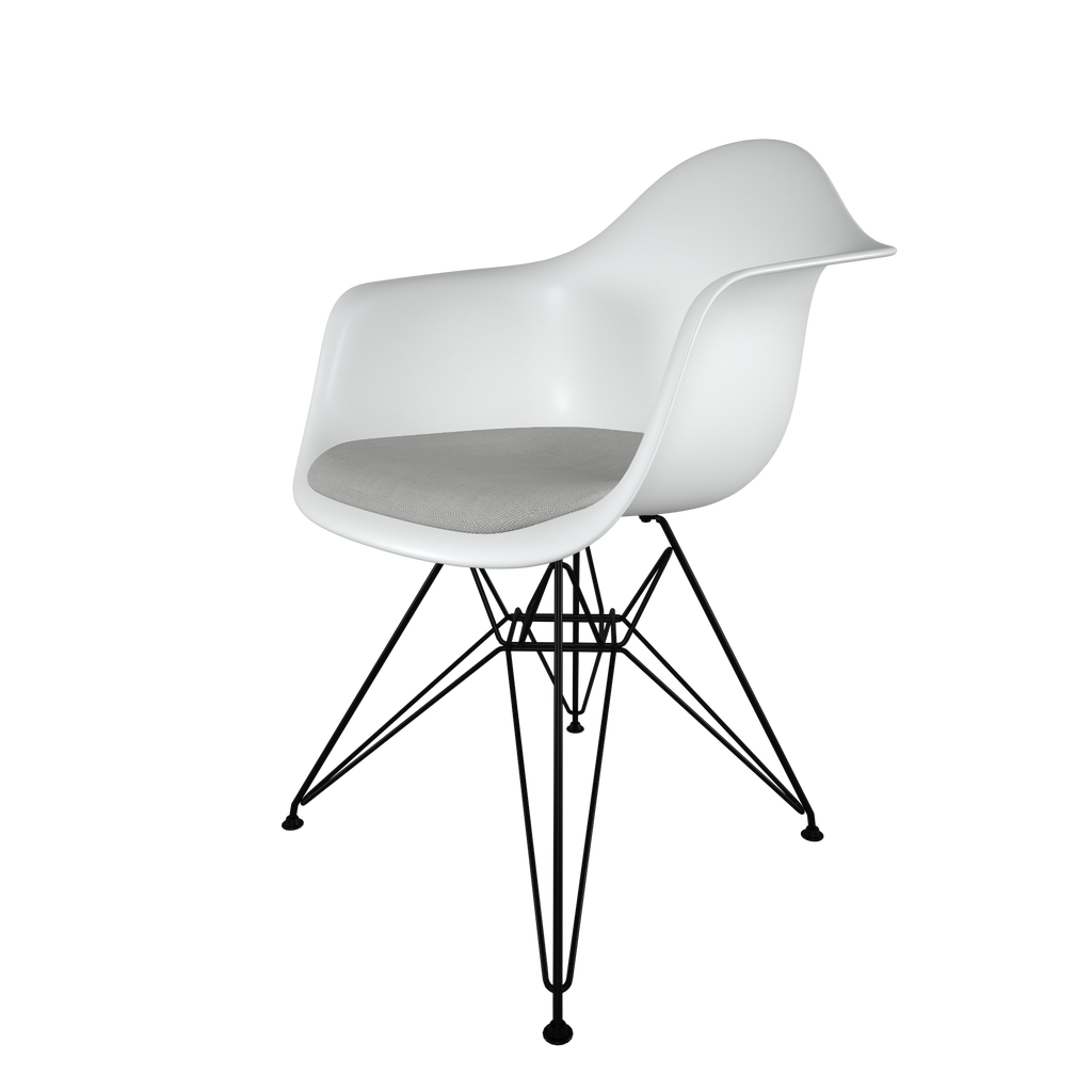 Dining chair with white seat, gray cushion, coated dark wire base front view on IndieFaves