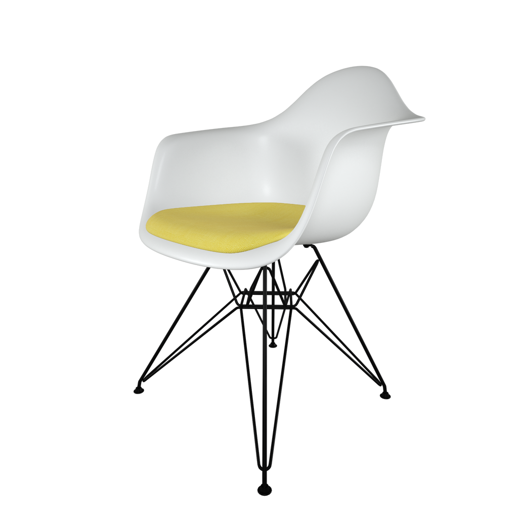 Dining chair with white seat, yellow cushion, coated dark wire base front view on IndieFaves