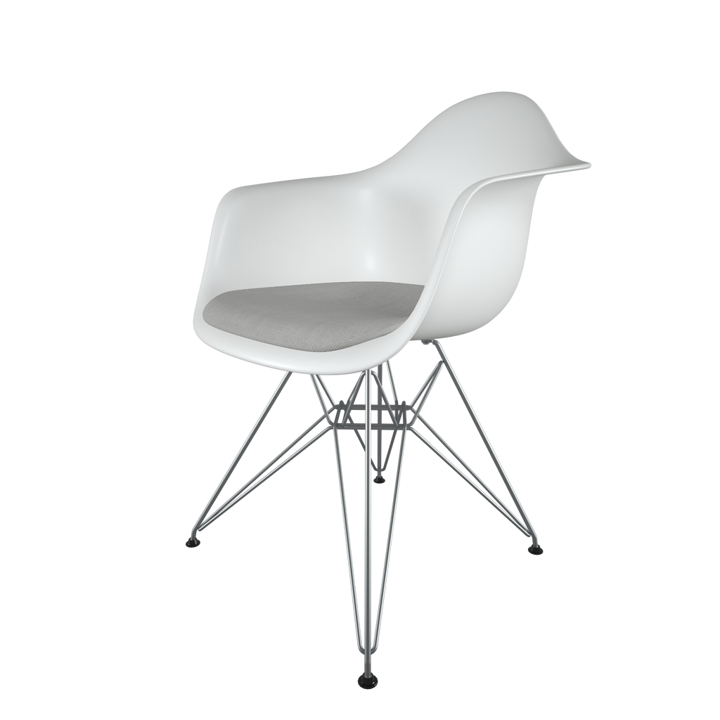 Dining chair with white seat, gray cushion, chromed steel wire base front view on IndieFaves