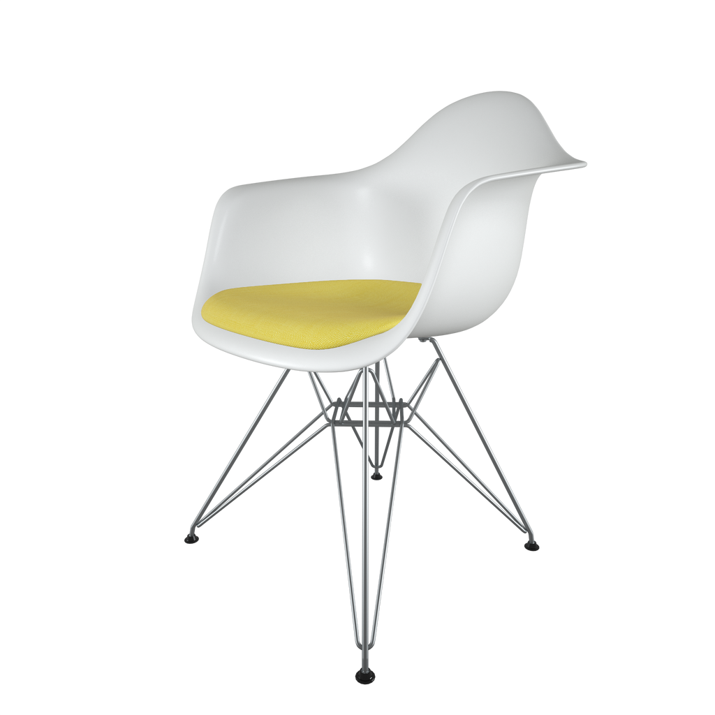 Dining chair with white seat, yellow cushion, chromed steel wire base front view on IndieFaves