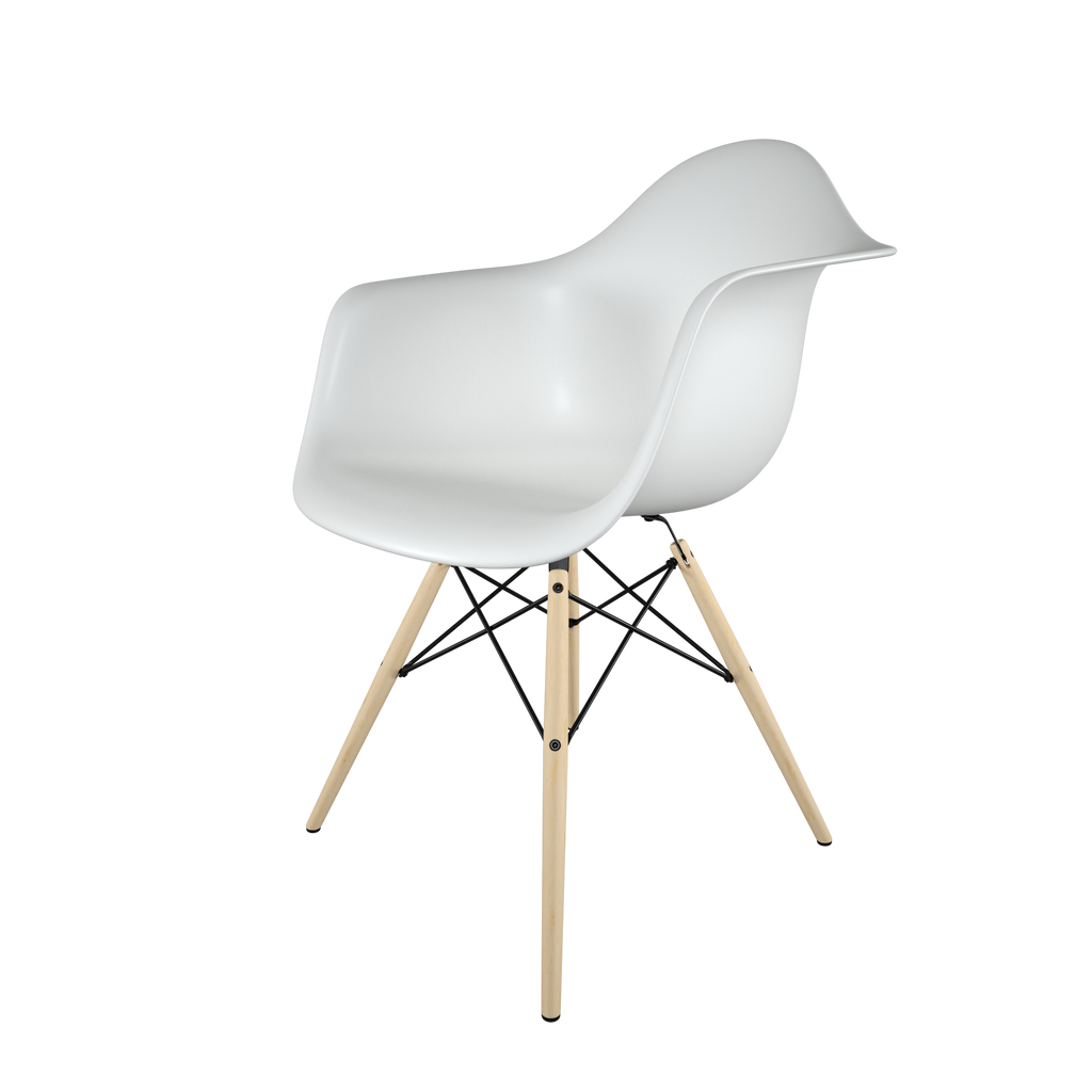 Dining chair with white seat and golden maple wood base front view on IndieFaves