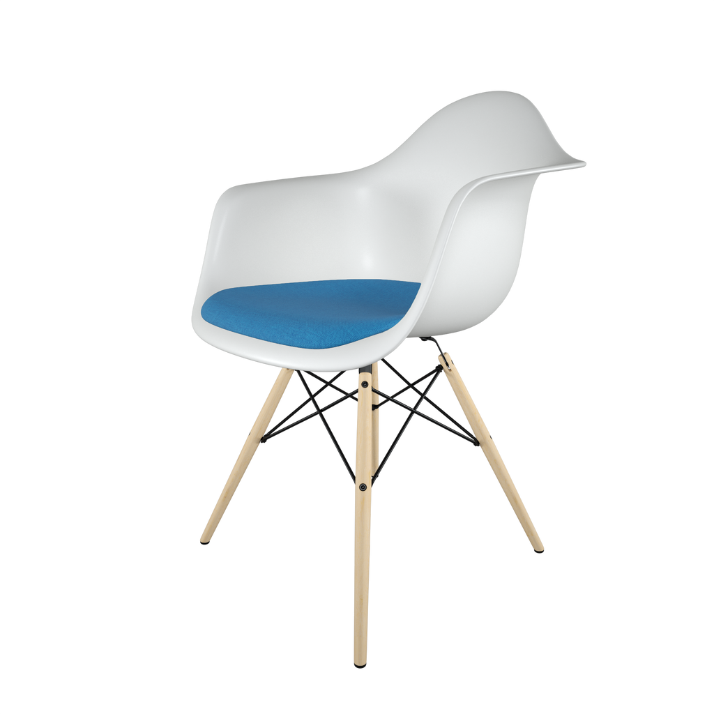Dining chair with white seat, blue cushion, golden maple wood base front view on IndieFaves