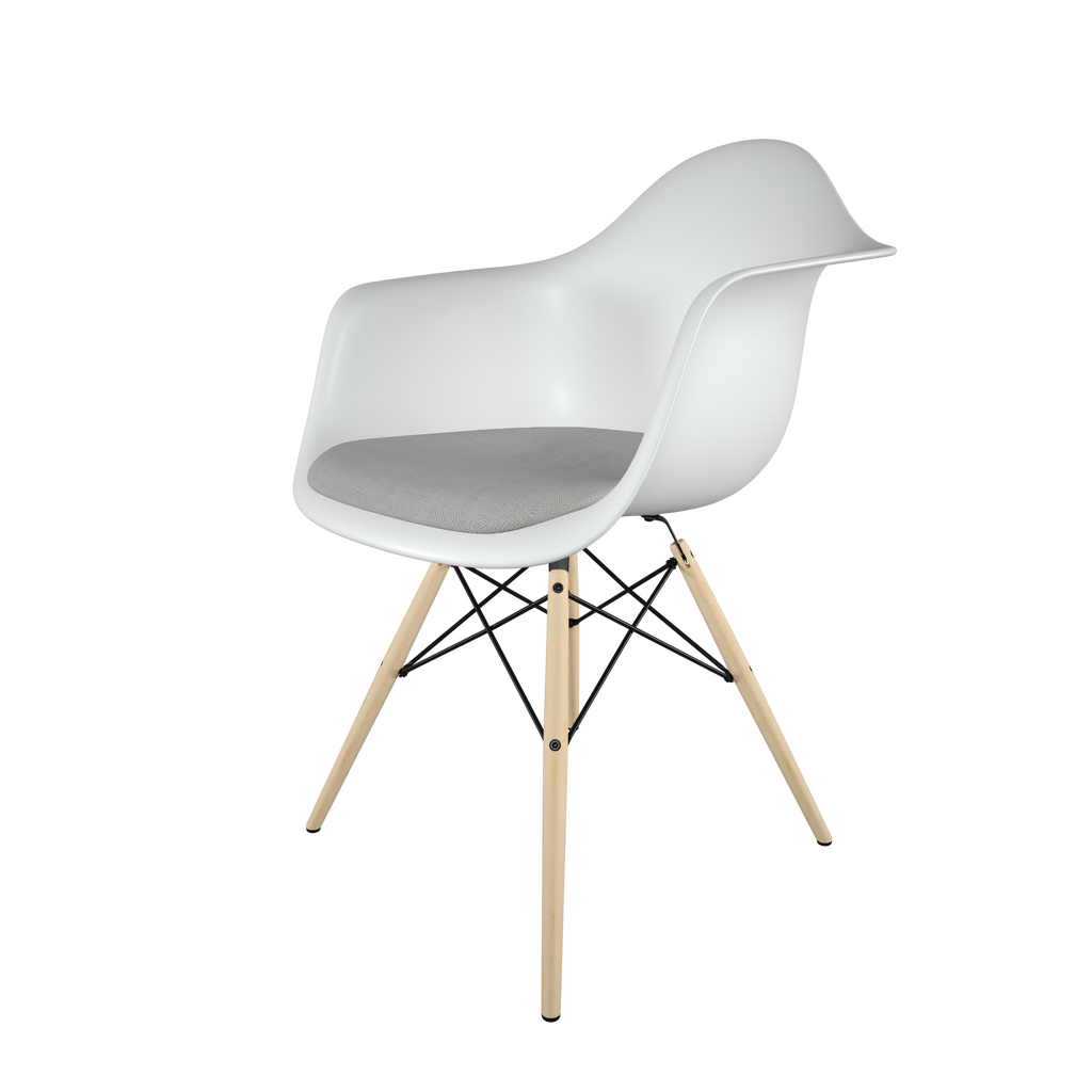 Dining chair with white seat, gray cushion, golden maple wood base front view on IndieFaves