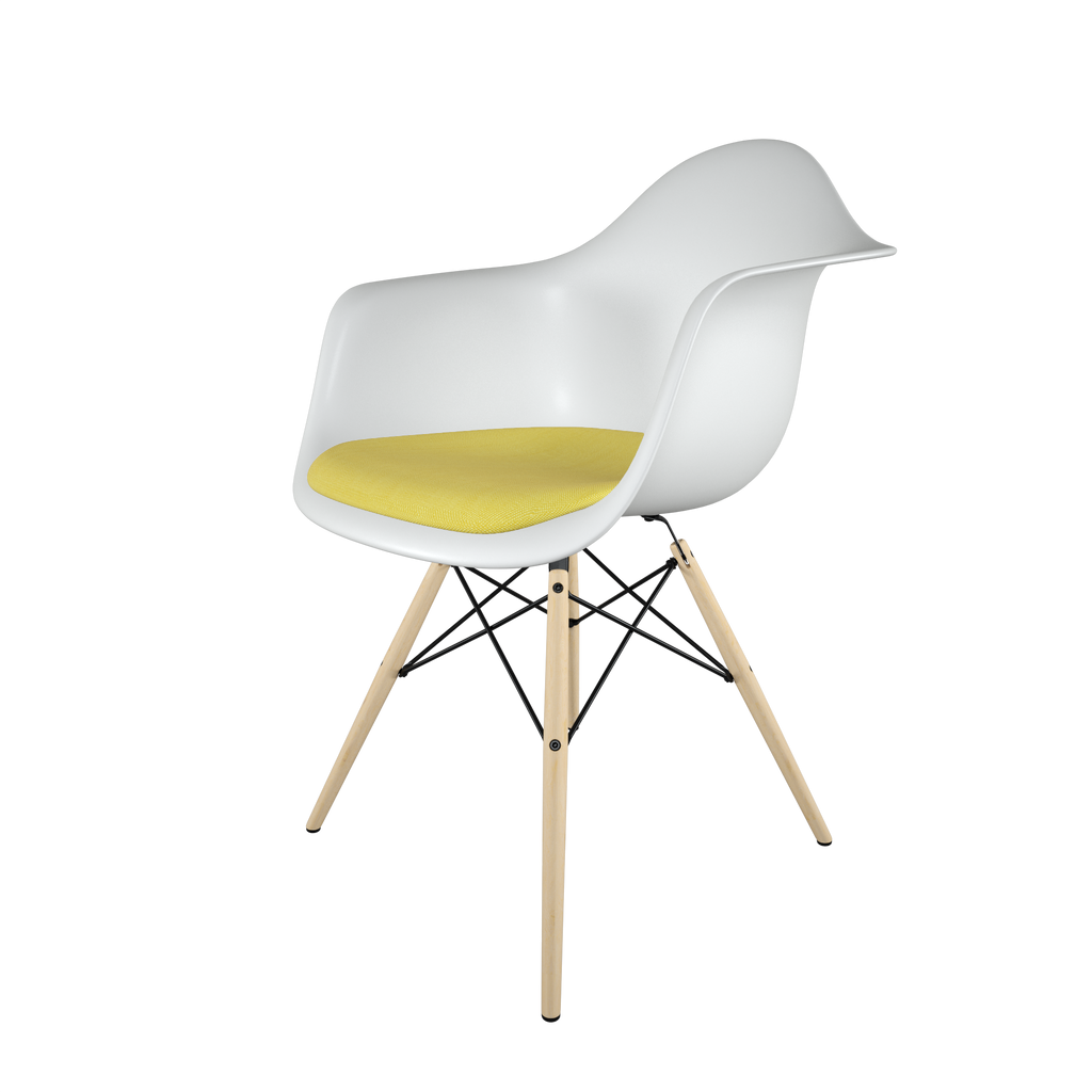 Dining chair with white seat, yellow cushion, golden maple wood base front view on IndieFaves