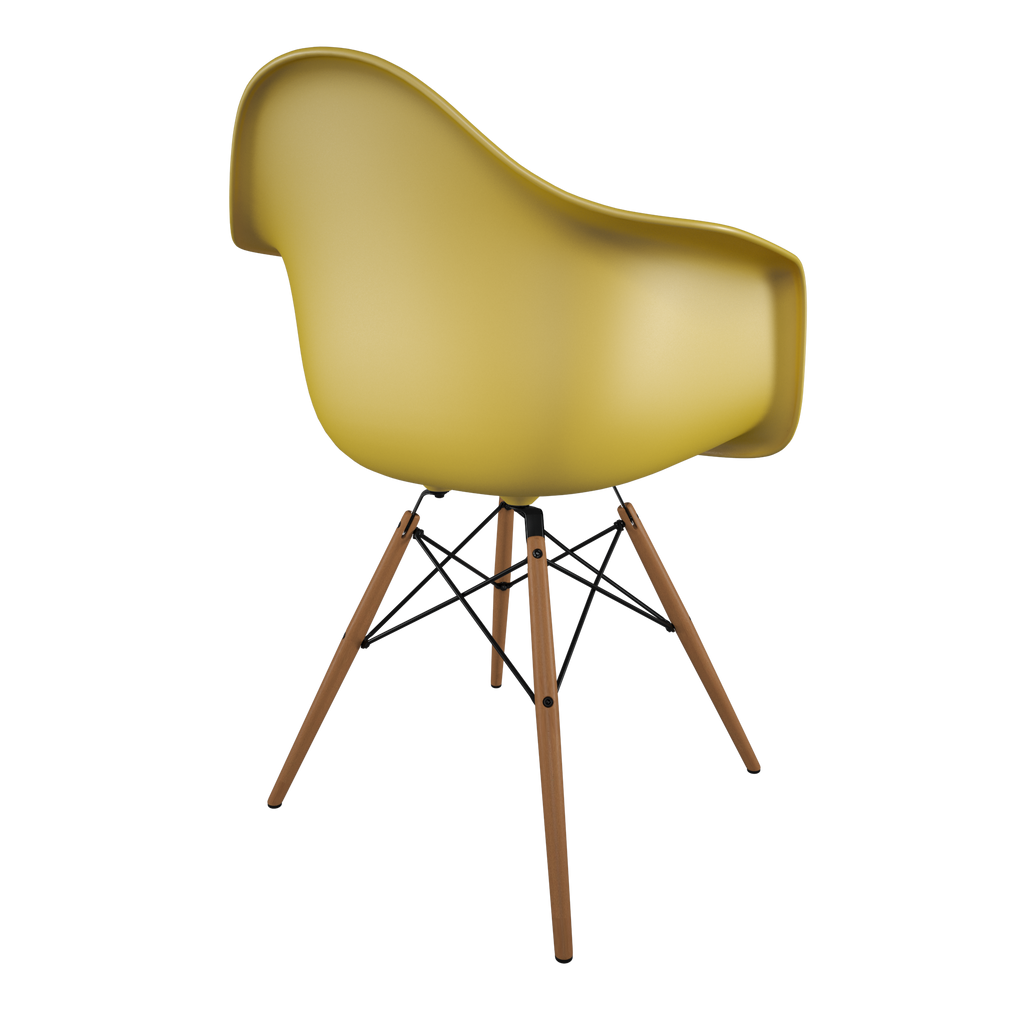 Dining chair with yellow seat and honey-tone wood base back view on IndieFaves