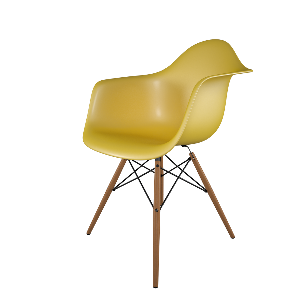 Dining chair with yellow seat and honey-tone wood base front view on IndieFaves