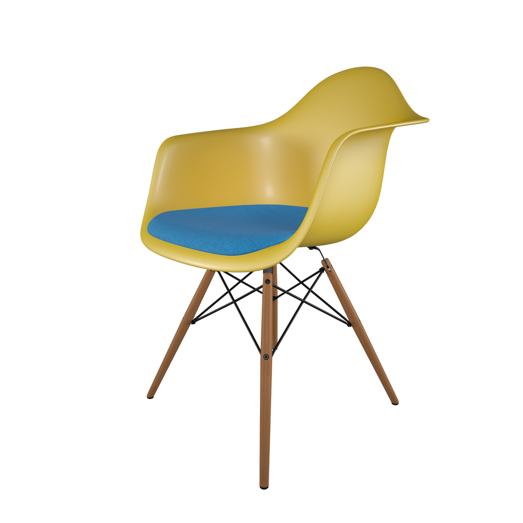 Dining chair with yellow seat, blue cushion, honey-tone wood base front view on IndieFaves