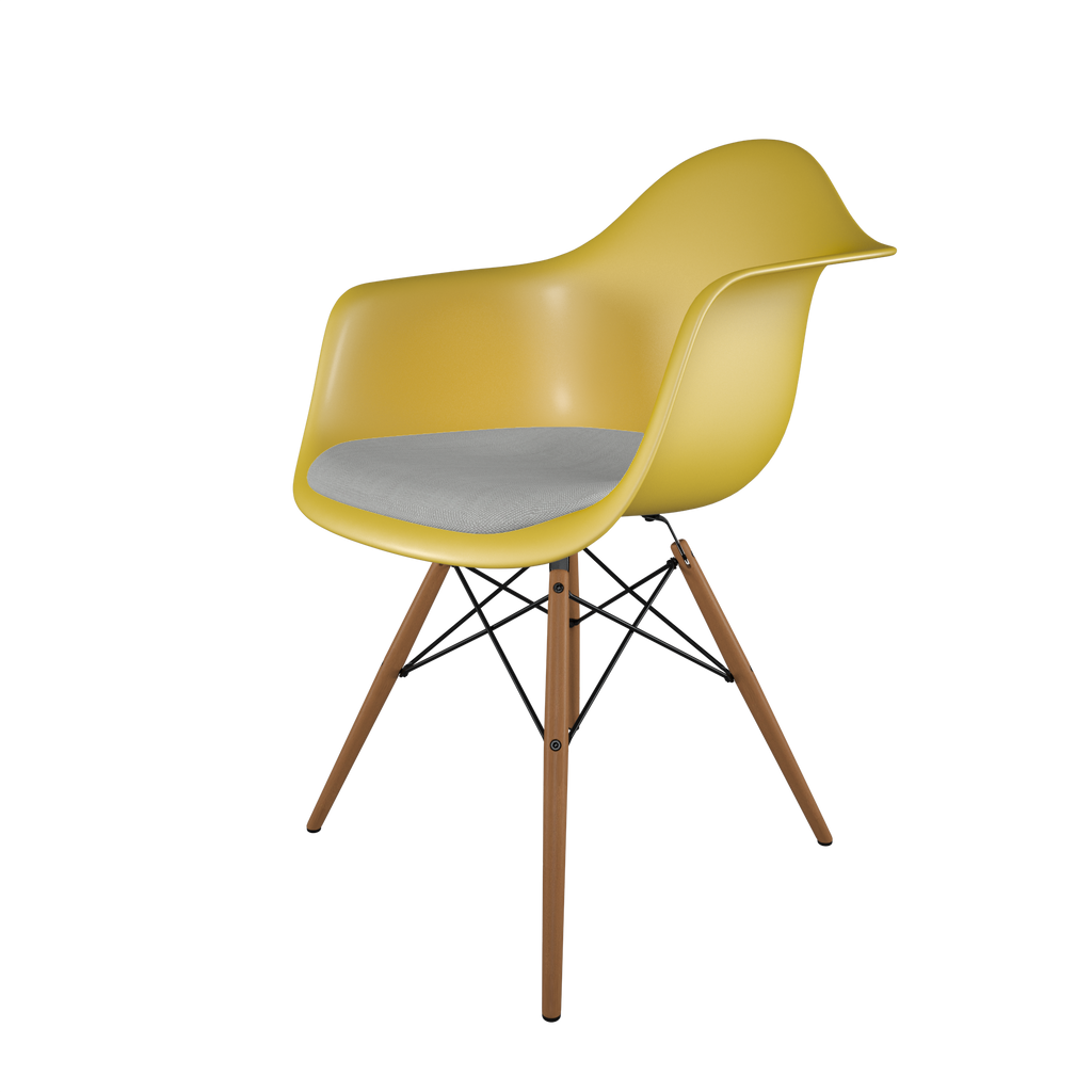Dining chair with yellow seat, gray cushion, honey-tone wood base front view on IndieFaves