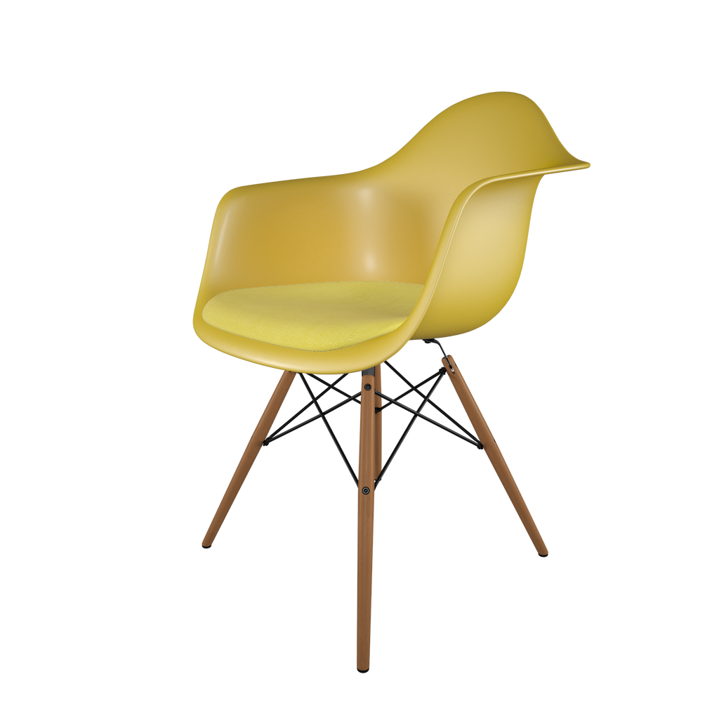 Dining chair with yellow seat, yellow cushion, honey-tone wood base front view on IndieFaves