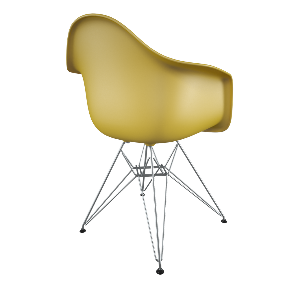Dining chair with yellow seat and chromed steel wire base back view on IndieFaves