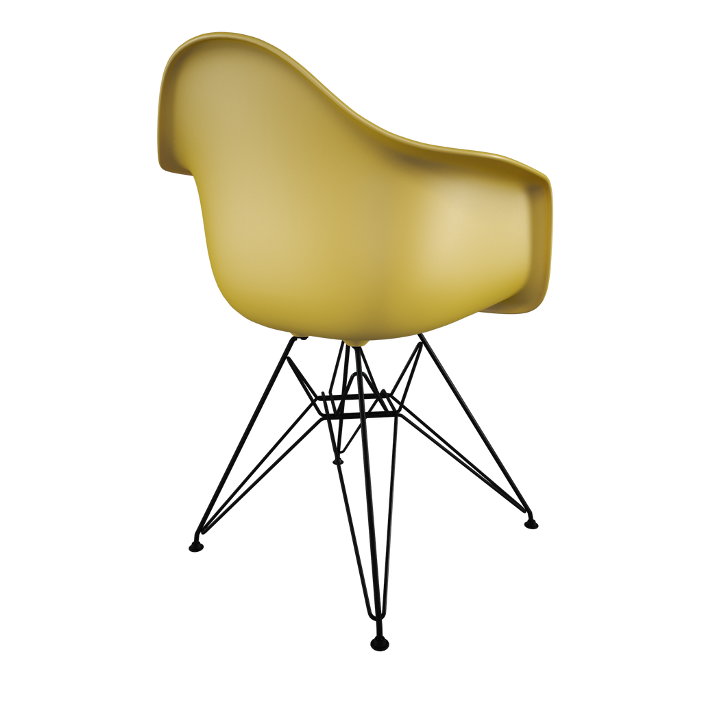 Dining chair with yellow seat and coated dark wire base back view on IndieFaves