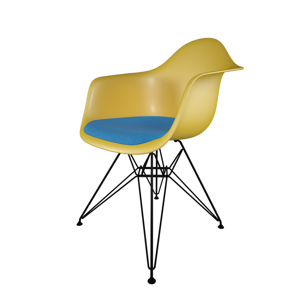 Dining chair with yellow seat, blue cushion, coated dark wire base front view on IndieFaves
