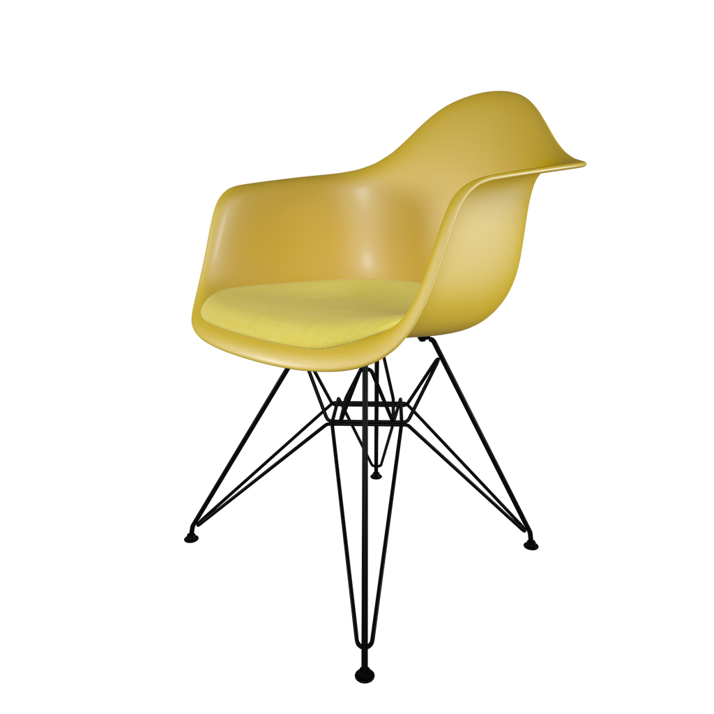 Dining chair with yellow seat, yellow cushion, coated dark wire base front view on IndieFaves