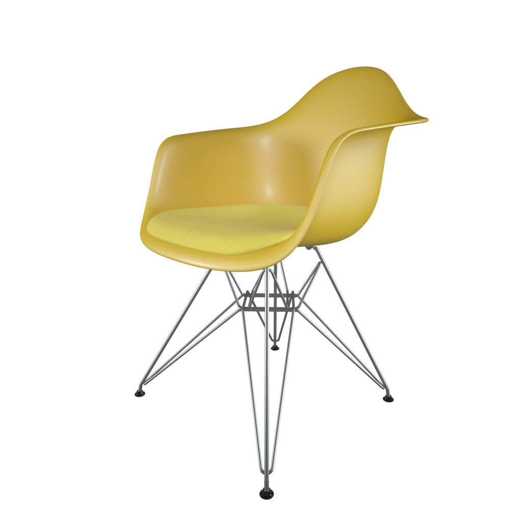 Dining chair with yellow seat, yellow cushion, chromed steel wire base front view on IndieFaves
