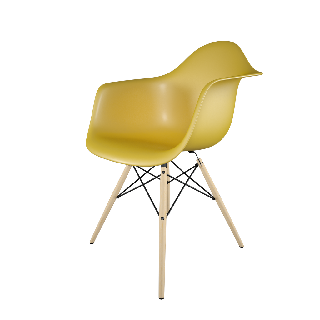 Dining chair with yellow seat and golden maple wood base front view on IndieFaves