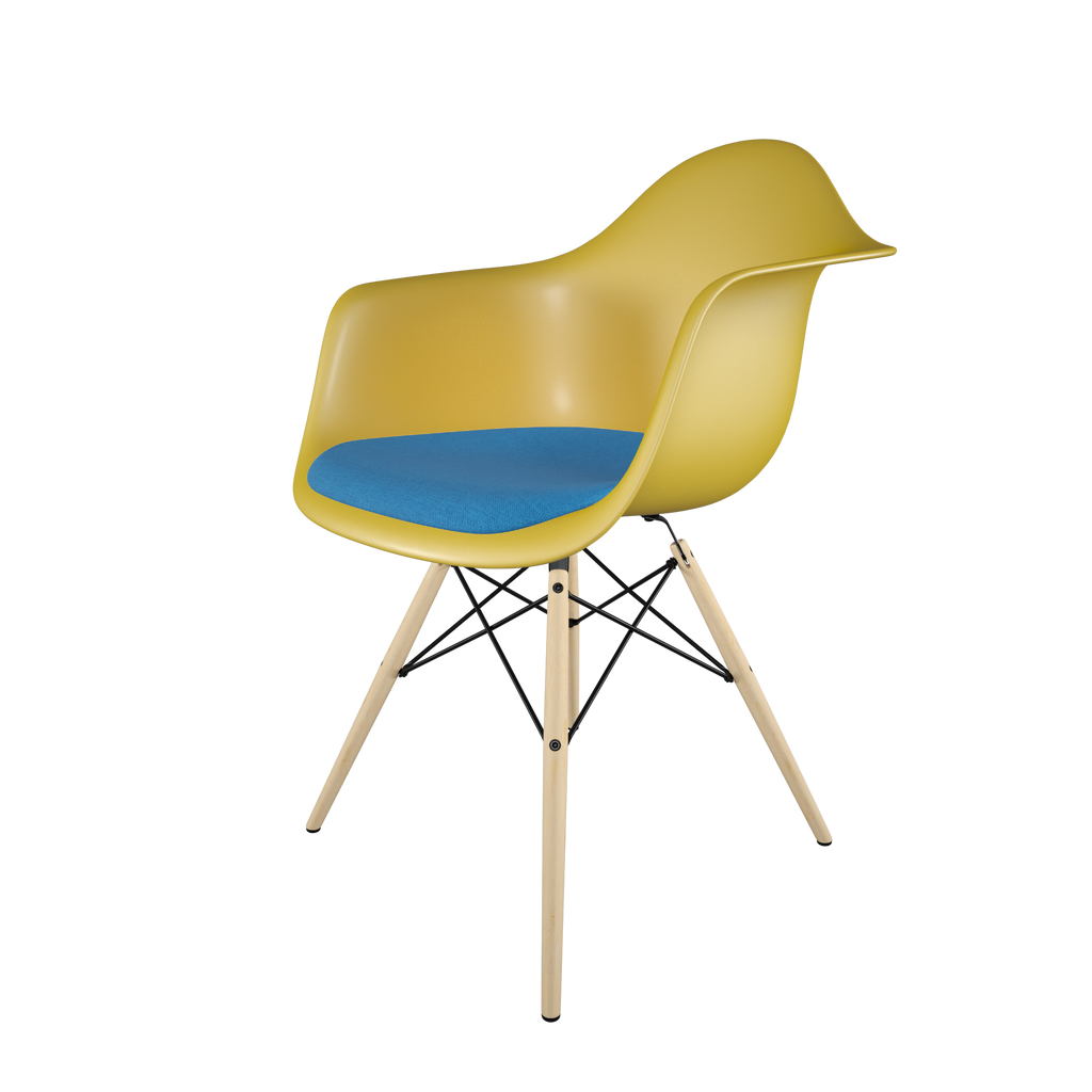 Dining chair with yellow seat, blue cushion, golden maple wood base front view on IndieFaves