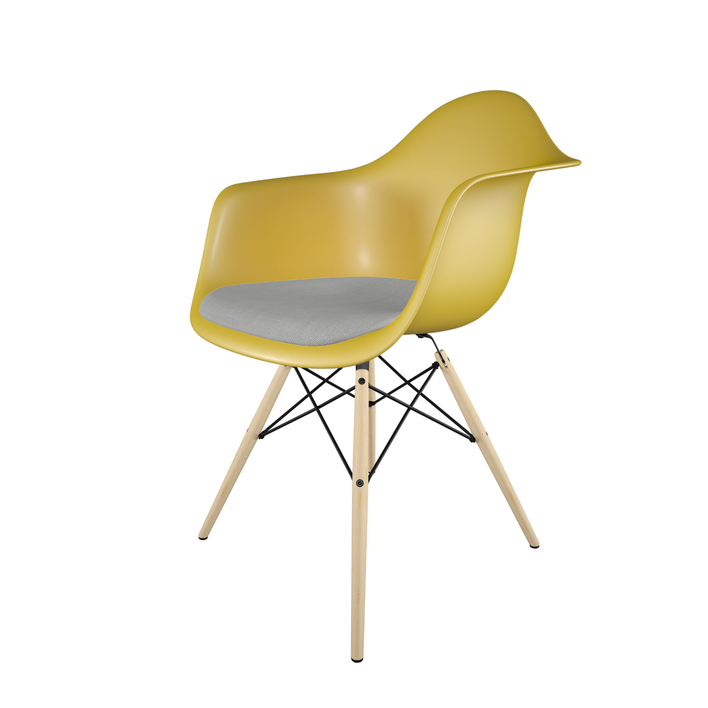 Dining chair with yellow seat, gray cushion, golden maple wood base front view on IndieFaves