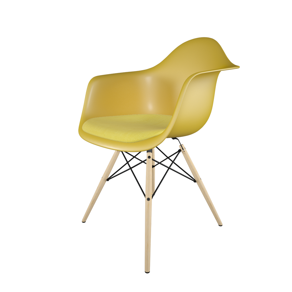Dining chair with yellow seat, yellow cushion, golden maple wood base front view on IndieFaves
