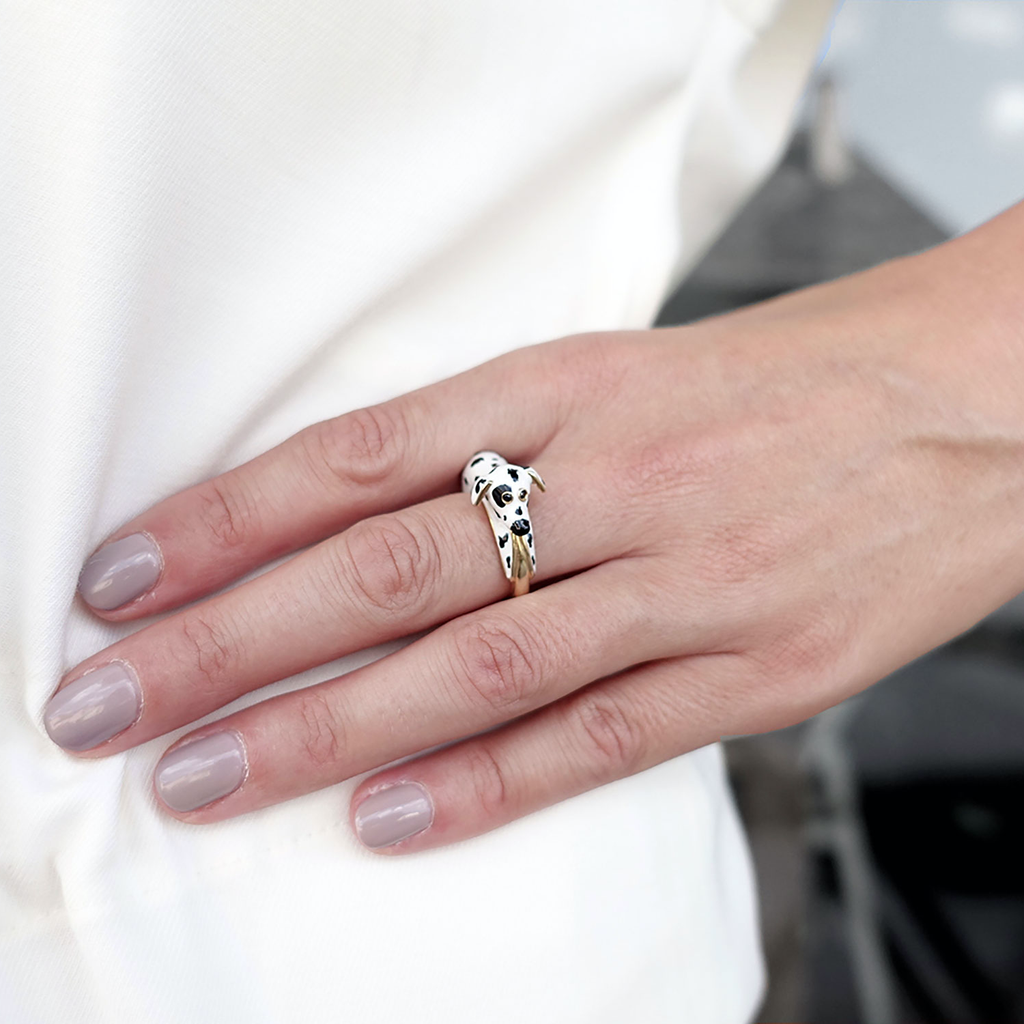 Model wearing chiara bello 18k gold-plated enamel GIANNA DALMATIAN Designer ring on IndieFaves