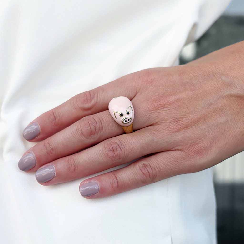 model wearing chiara bello 18k gold-plated enamel LINO PIG Designer ring on IndieFaves