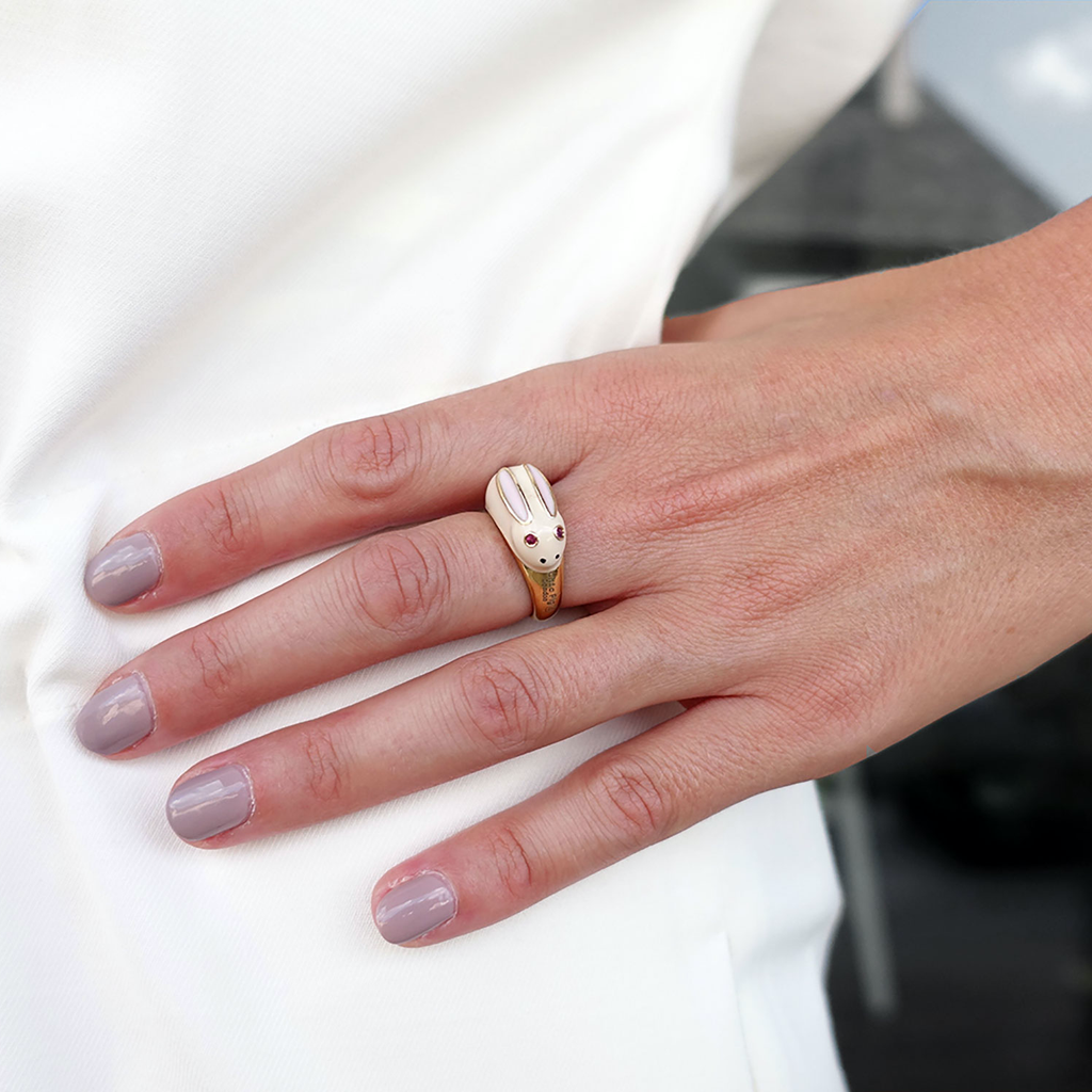 model wearing chiara bello 18k gold-plated enamel ROBI RABBIT Designer ring on IndieFaves