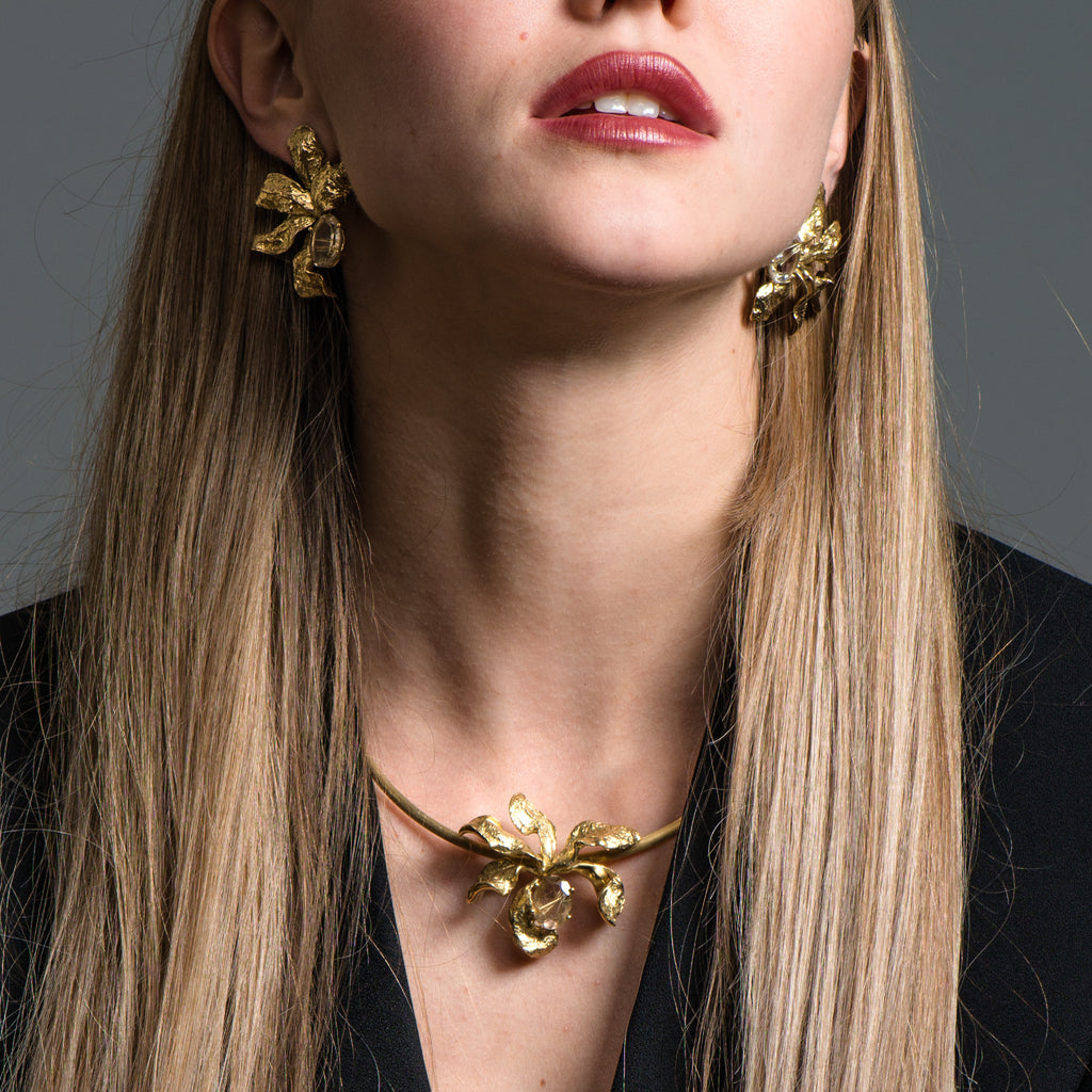 Model wearing Mara Soriano - Natsu Designer Earrings with Rutilated Quartz on IndieFaves