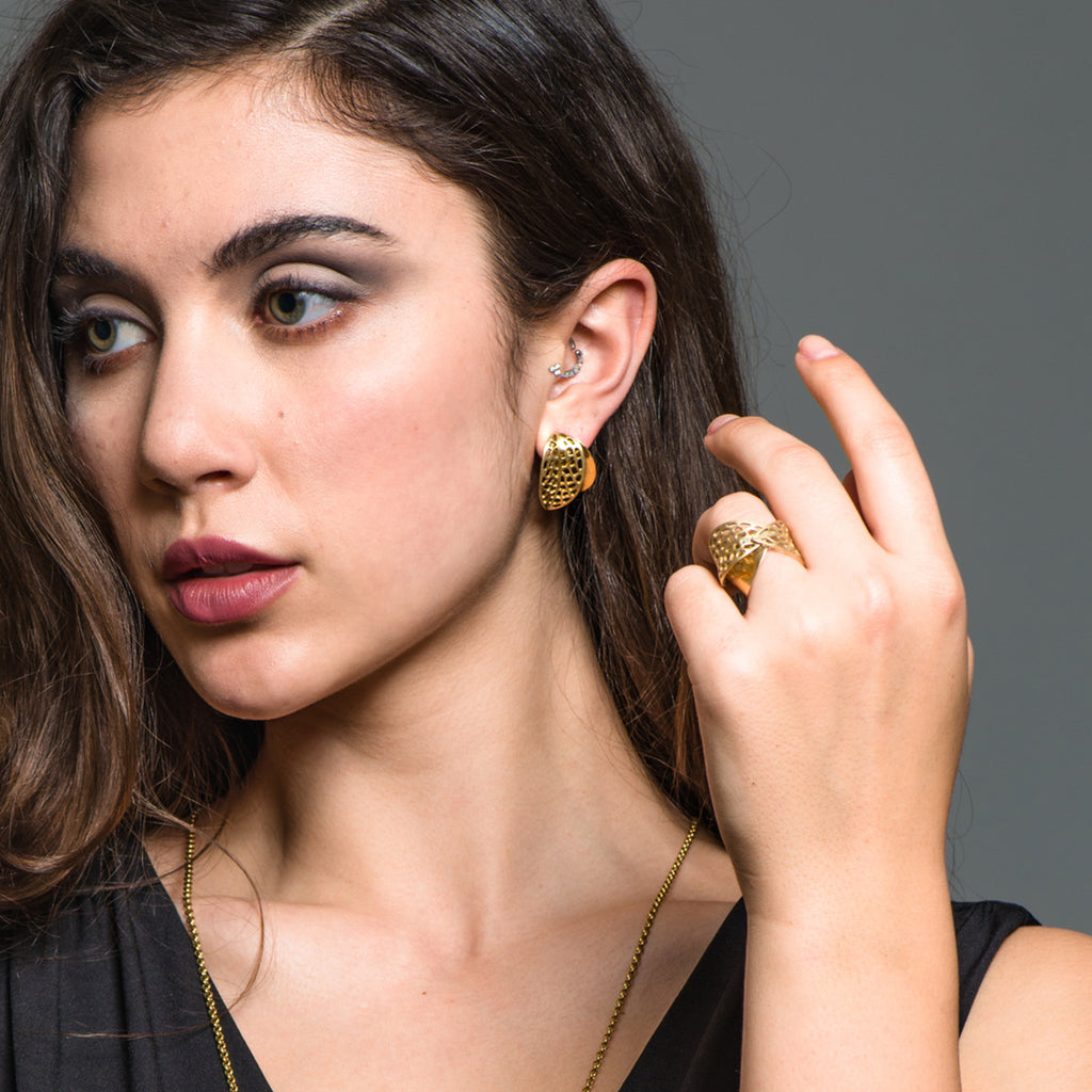 Model wearing Mara Soriano - Hōzuki 2 Leaf Designer Earrings on IndieFaves