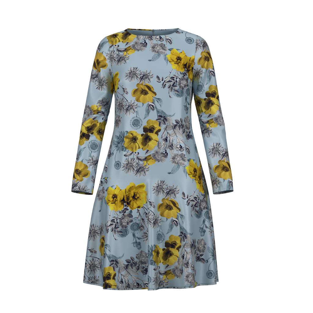 Day To Night Daisies Dress In Spandex Crepe Blue Front on IndieFaves